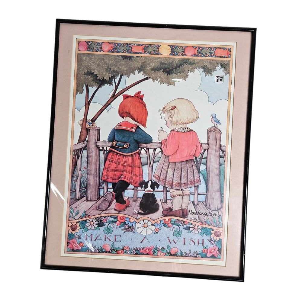 Signed Vintage 90s Mary Engelbreit Framed Print Make a Wish Cottage Nursery Folk